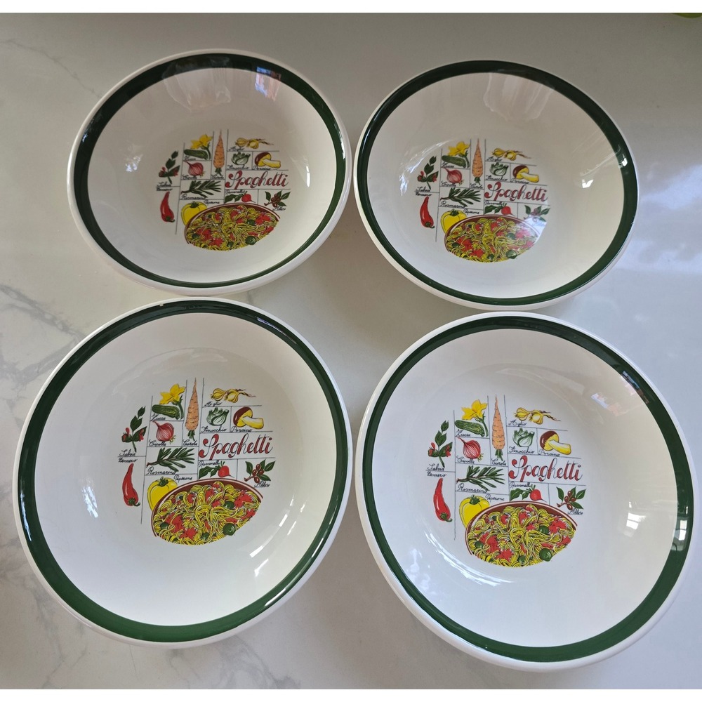 Tre‎ Ci Italy Spaghetti Pasta Bowls Set of 4 Green Rim Ceramic Italian Cuisine